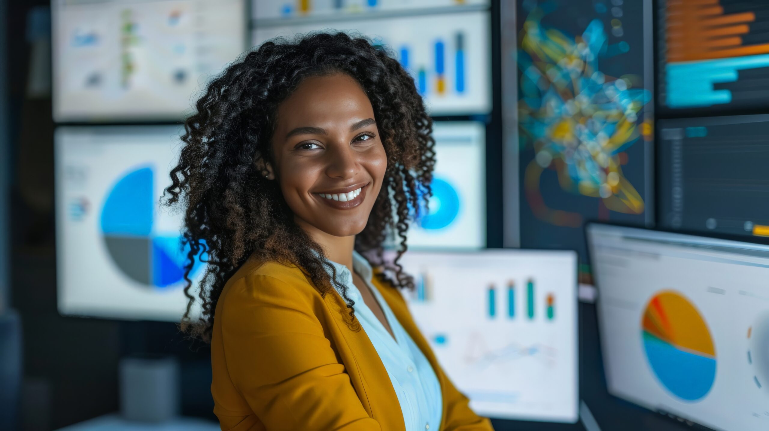 Female data analyst in a corporate office, smiling at the camera while surrounded by data visualizations